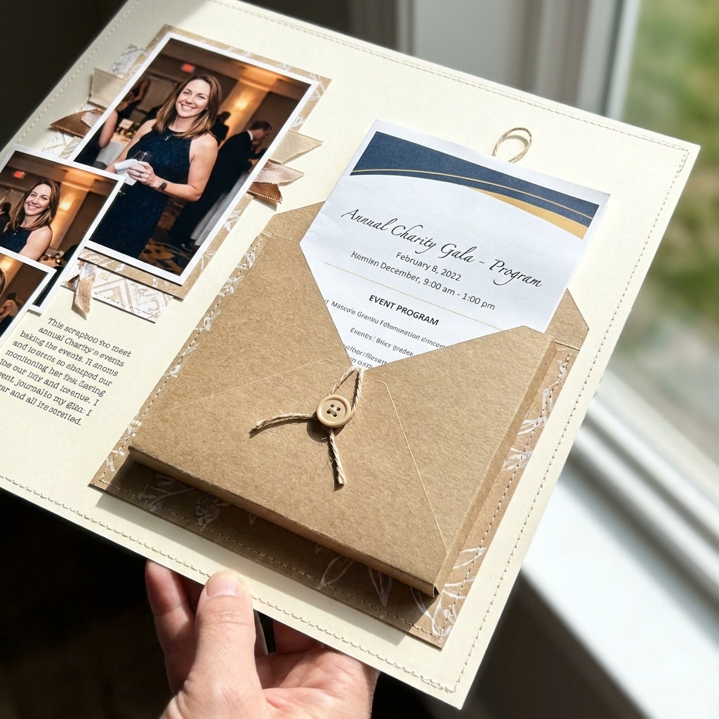 A 12x12 scrapbook page with a handmade cardstock pocket featuring a folded gusset, with a small event program partially tucked inside
