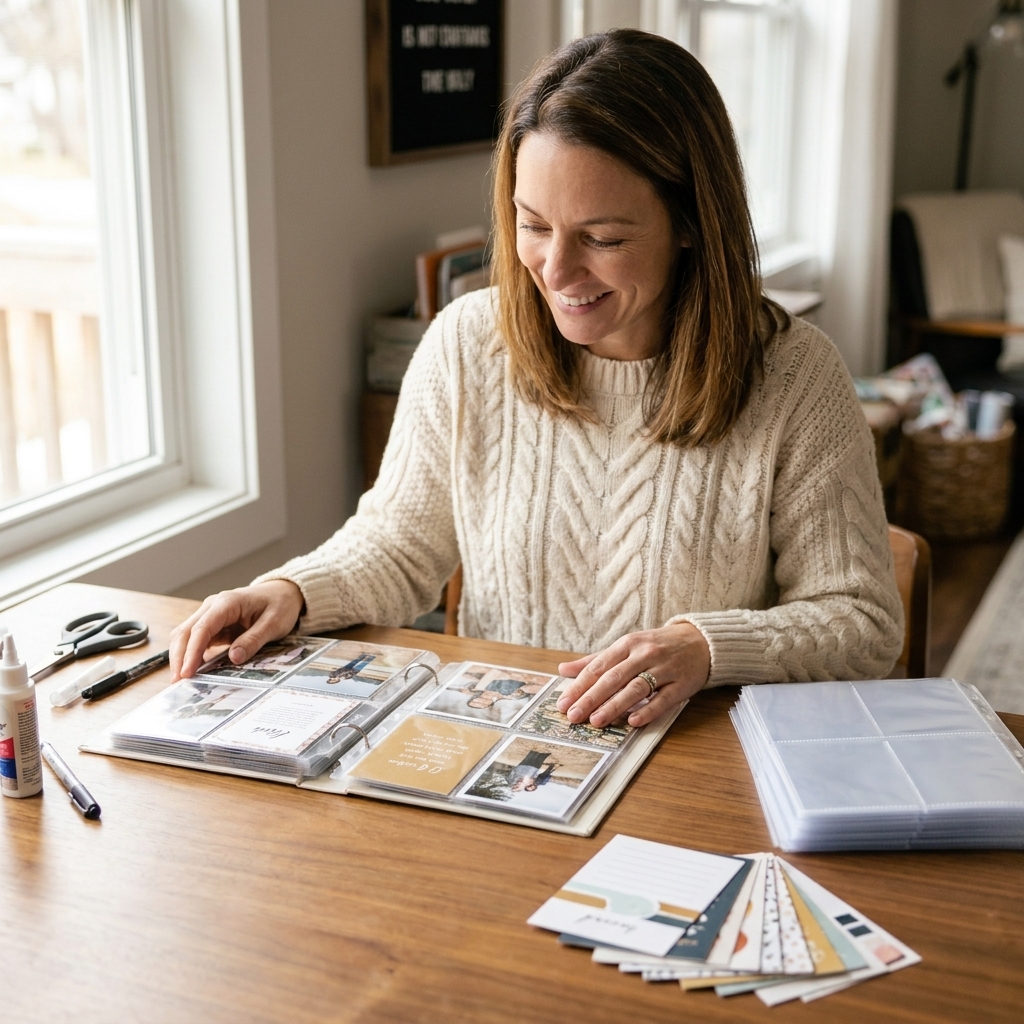 A 6x8 pocket scrapbook album on a desk with a stack of page protectors and a small pile of 3x4 journaling cards beside it