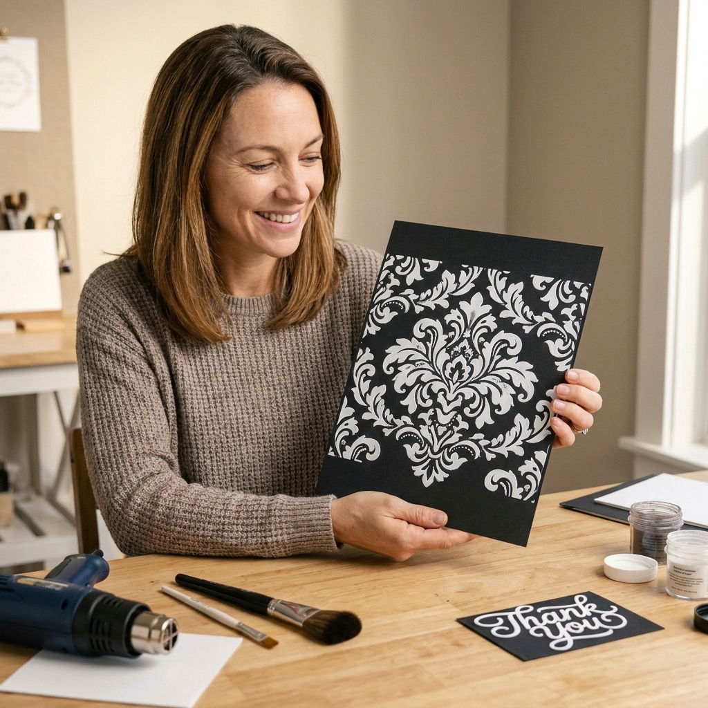 A black cardstock panel with a large white heat-embossed background pattern, sitting on a craft table next to a die-cut sentiment