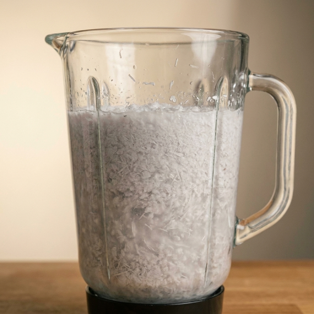 A blender jar filled with pale paper pulp slurry and water, with small visible fibers swirling near the sides