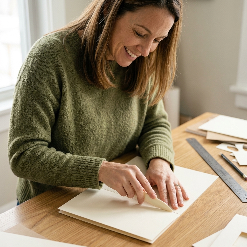 A bone folder pressing along a scored fold in cardstock on a craft desk, creating a crisp edge