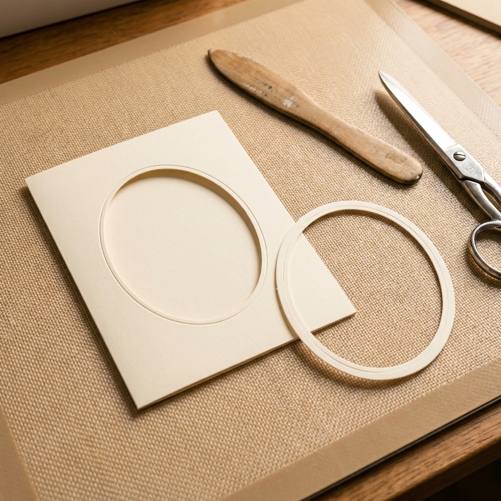 A card front panel with a neat die cut window opening and a matching frame piece placed nearby on a crafting mat