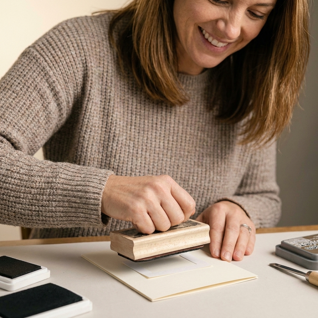 A cardstock panel with a small rectangular paper mask placed in the center while a large background stamp is pressed onto the panel