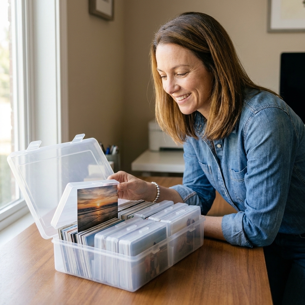 A clear plastic archival photo case organizer open on a table with several smaller cases inside, each holding neatly stacked 4x6 prints