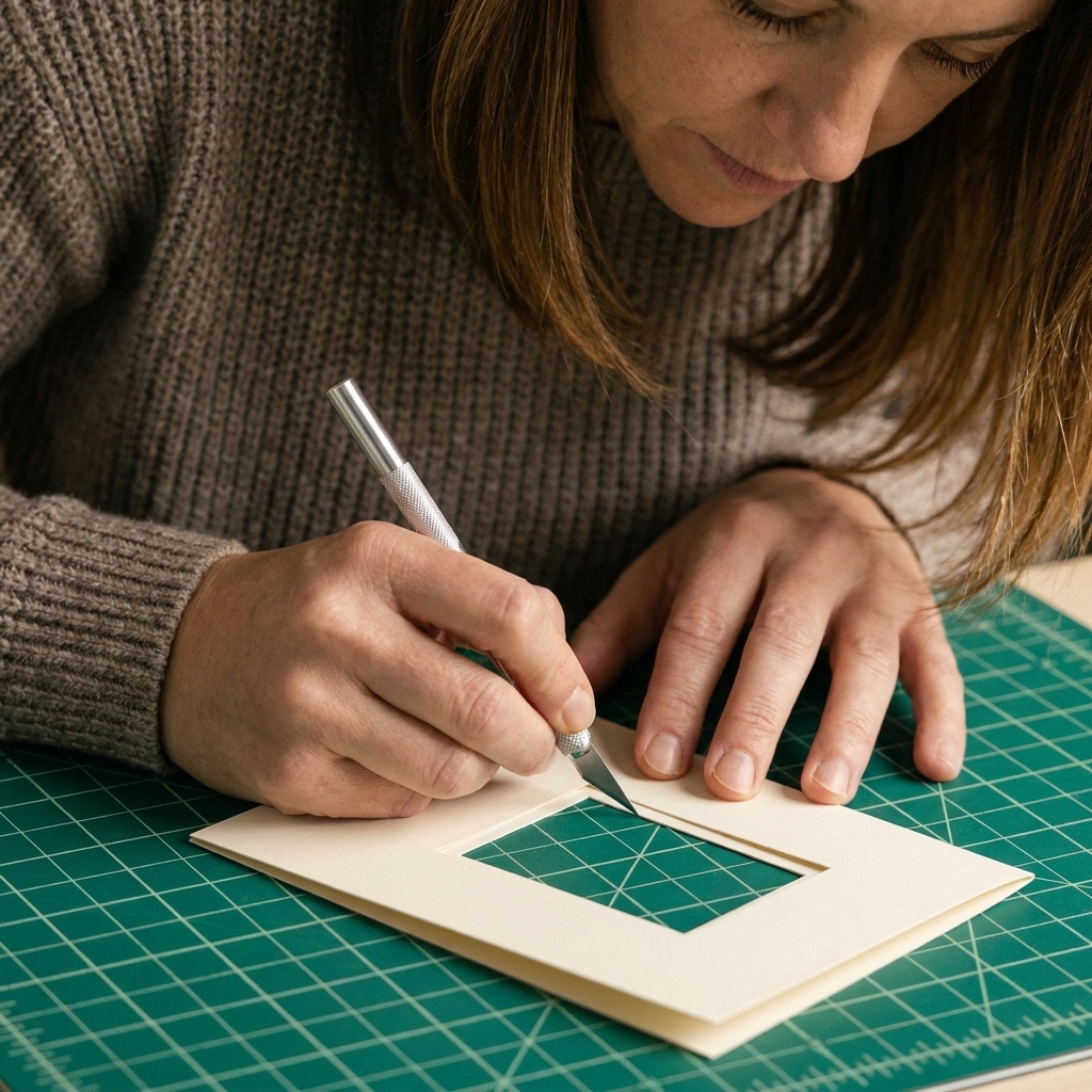 A close-up of a cardstock card front with a rectangular window being carefully cut from the center using a precision craft knife on a cutting mat