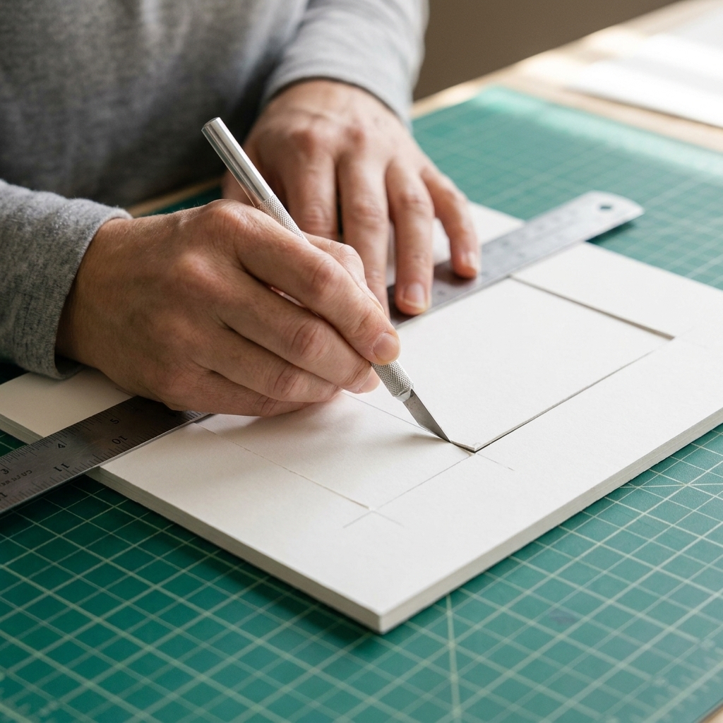 A close-up of a craft knife cutting an interior window in thick white cardstock on a self-healing mat with a metal ruler held firmly in place