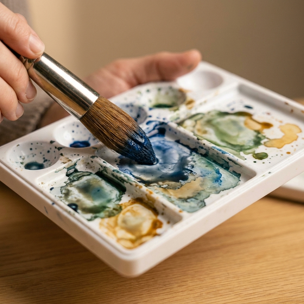 A close-up of a paint pan palette with mixed puddles of color and a round brush tip loaded with paint