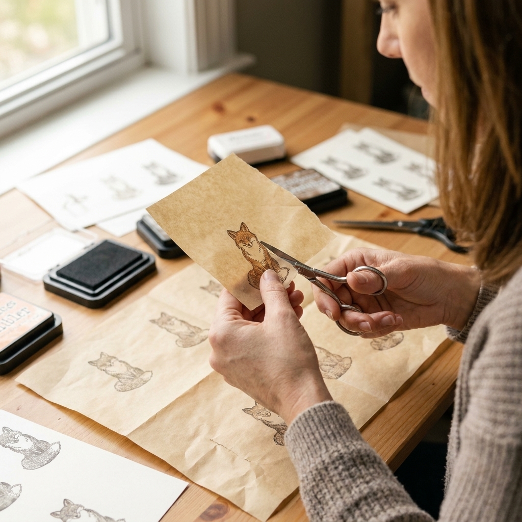 A close-up of a stamped animal image on masking paper being fussy cut with small detail scissors on a craft table