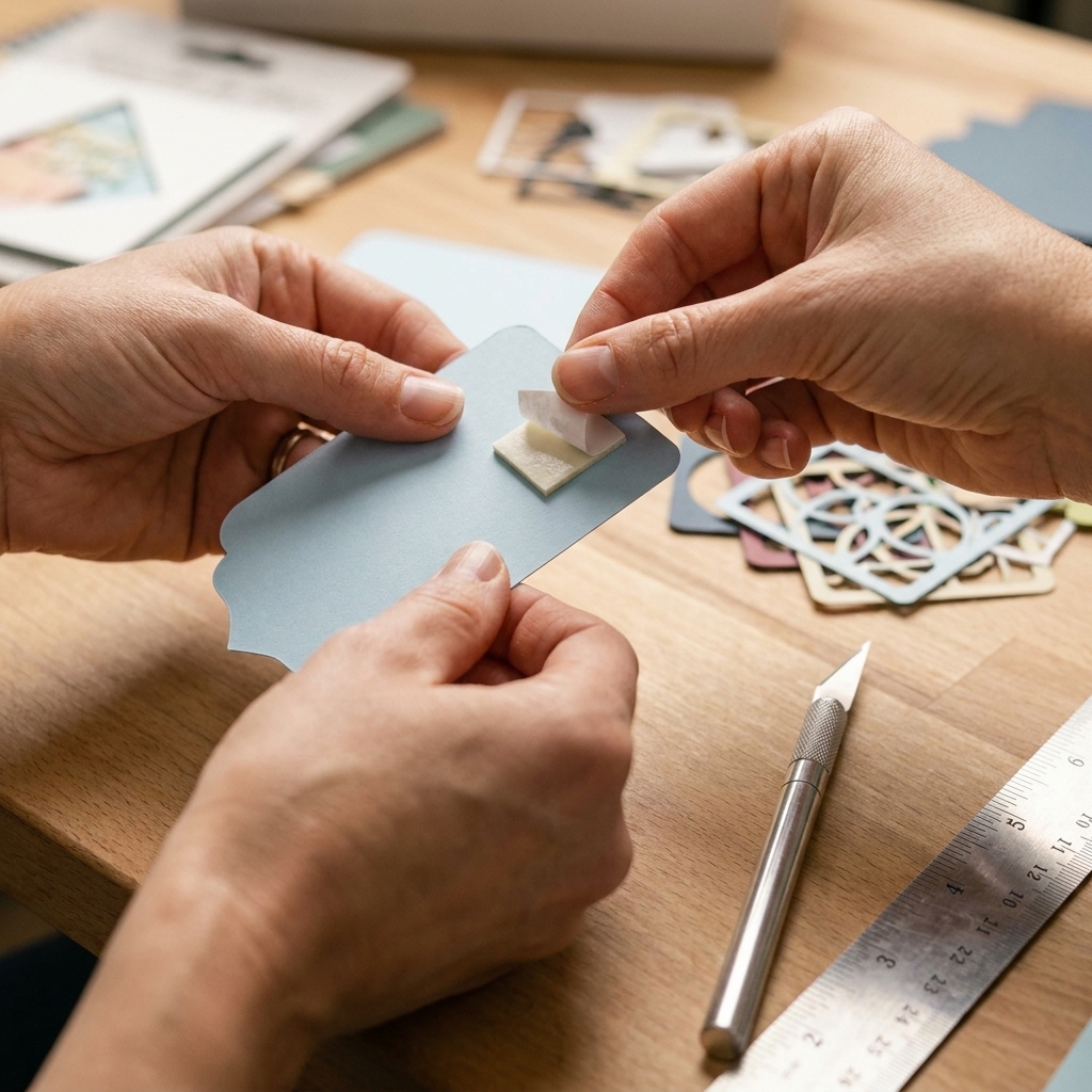 A close-up of hands peeling foam tape squares and placing them on the back of a cardstock layer beside a craft knife, ruler, and die-cut pieces