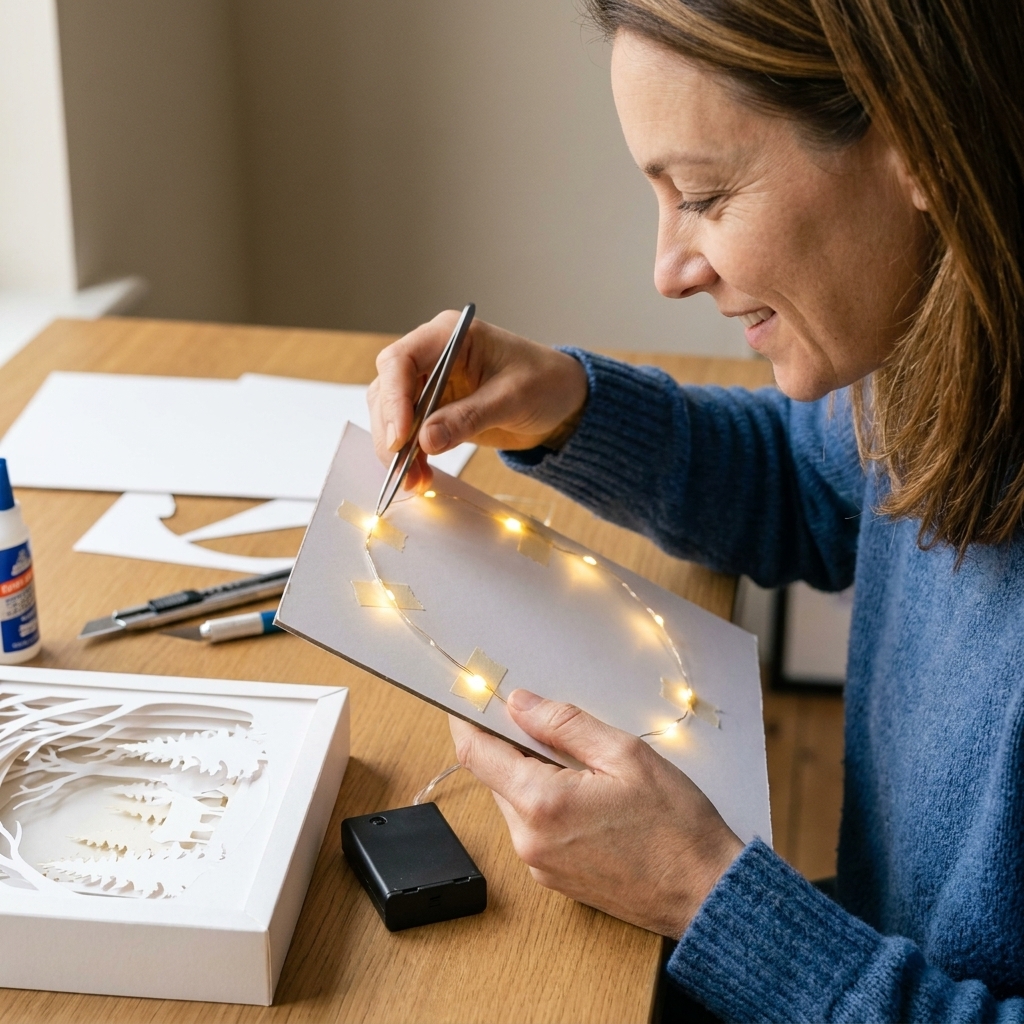 A close-up of warm white micro LED string lights taped to a backing board with a small battery pack resting beside a partially assembled paper shadow box