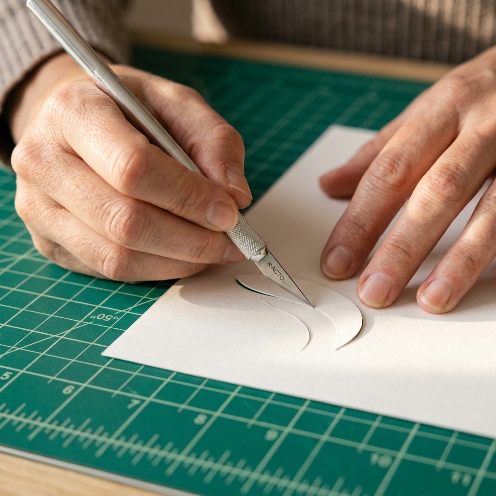 A close-up photo of a crafter’s hands holding a precision craft knife over a green self-healing cutting mat with a sheet of white cardstock, ready to cut a delicate shape