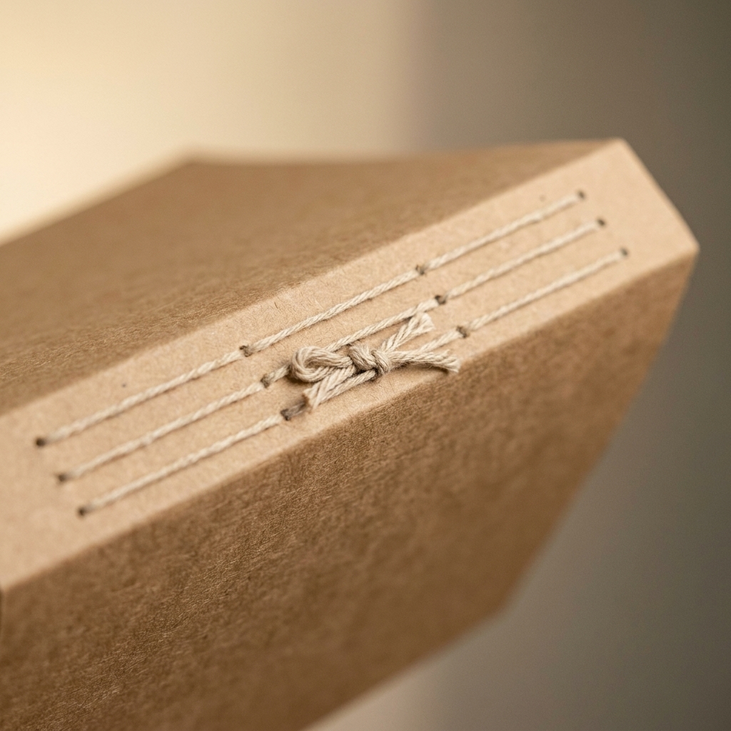 A close-up photo of a finished three-hole pamphlet stitch on a kraft cardstock spine, showing neat thread lines and a tidy center knot inside