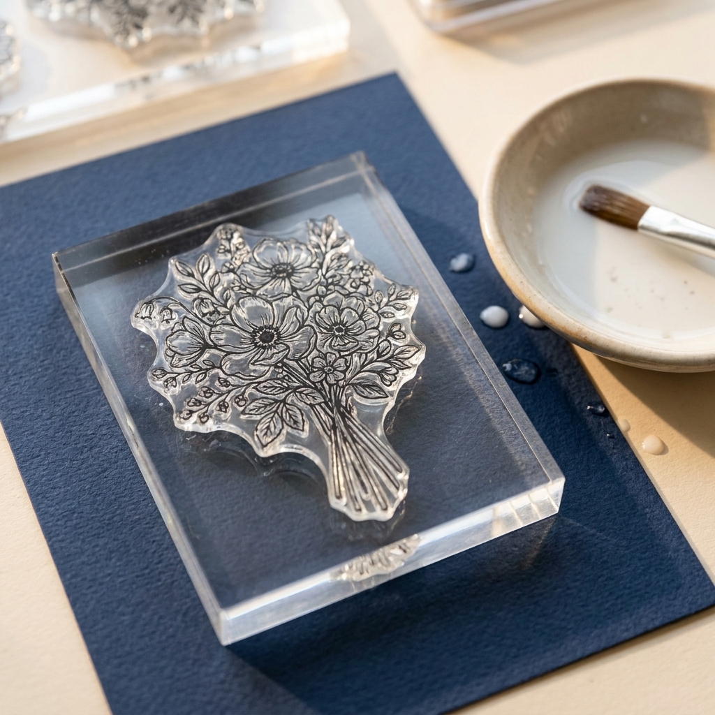 A close-up photo of a floral clear stamp mounted on an acrylic block resting on navy cardstock beside a small dish of diluted bleach