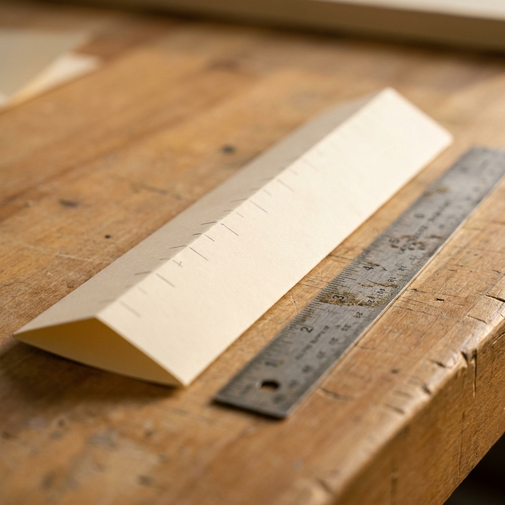 A close-up photo of a folded paper strip used as a bookbinding template with small pencil marks along the fold, resting next to a ruler
