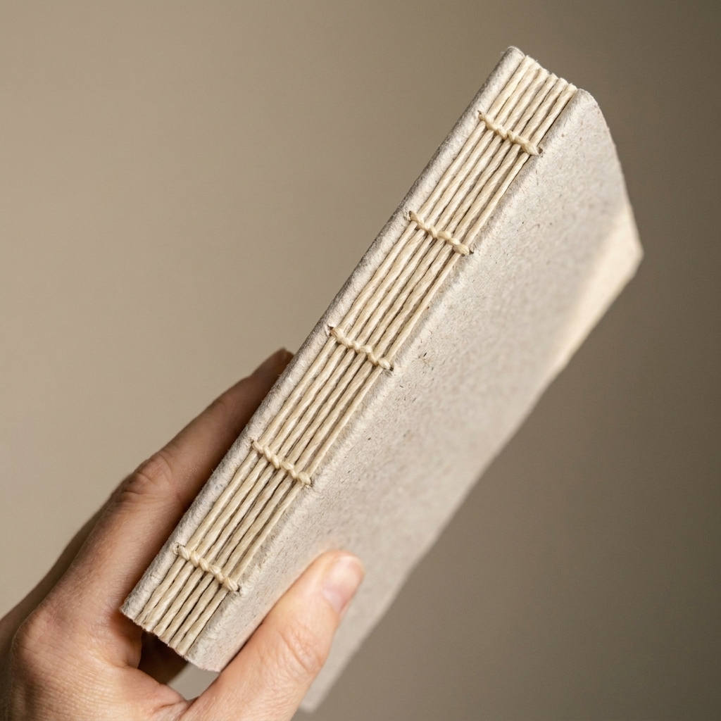 A close-up photo of a handmade notebook spine with a five-hole stitch, the thread evenly spaced along the fold and lying flat