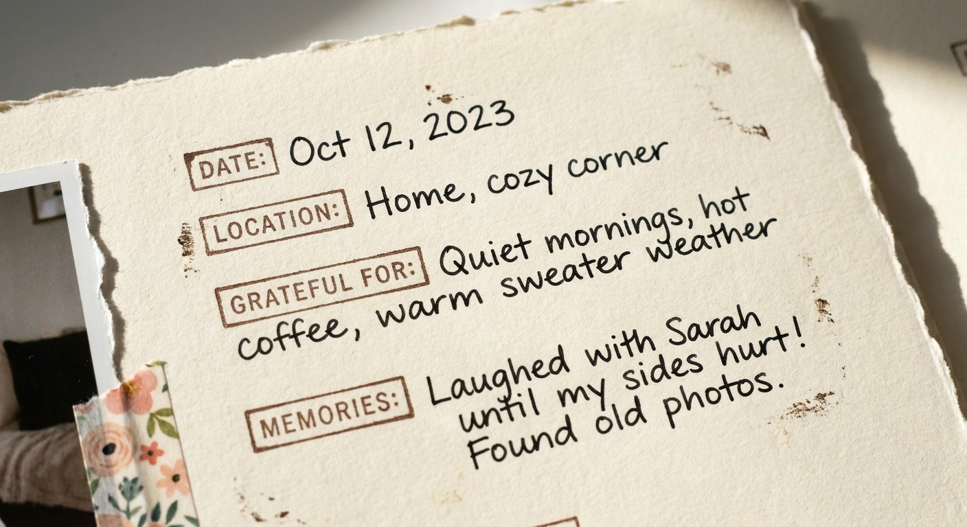 A close-up photo of a scrapbook page where small stamped prompts are filled in with handwritten journaling in black ink