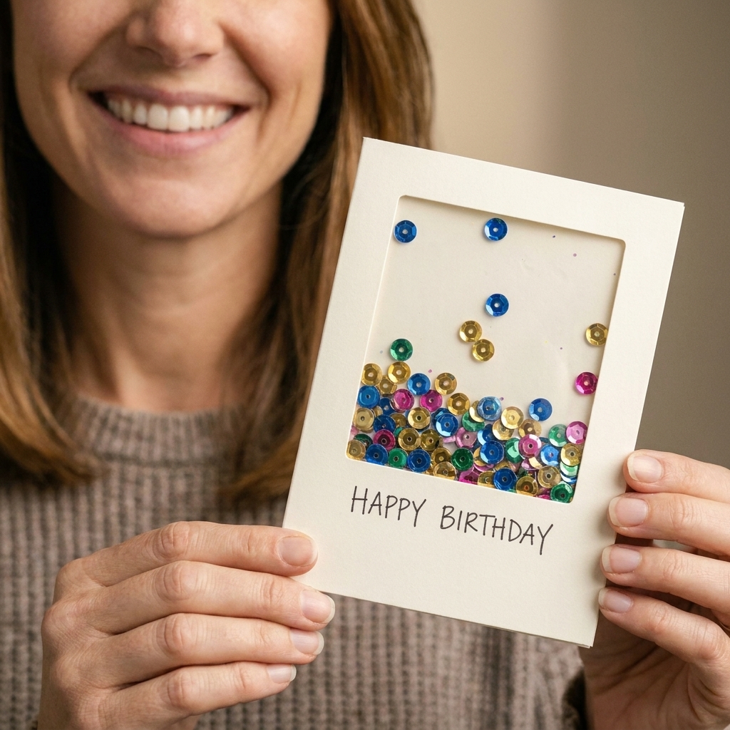 A close-up photo of a simple handmade shaker birthday card with a clear window and colorful sequins inside
