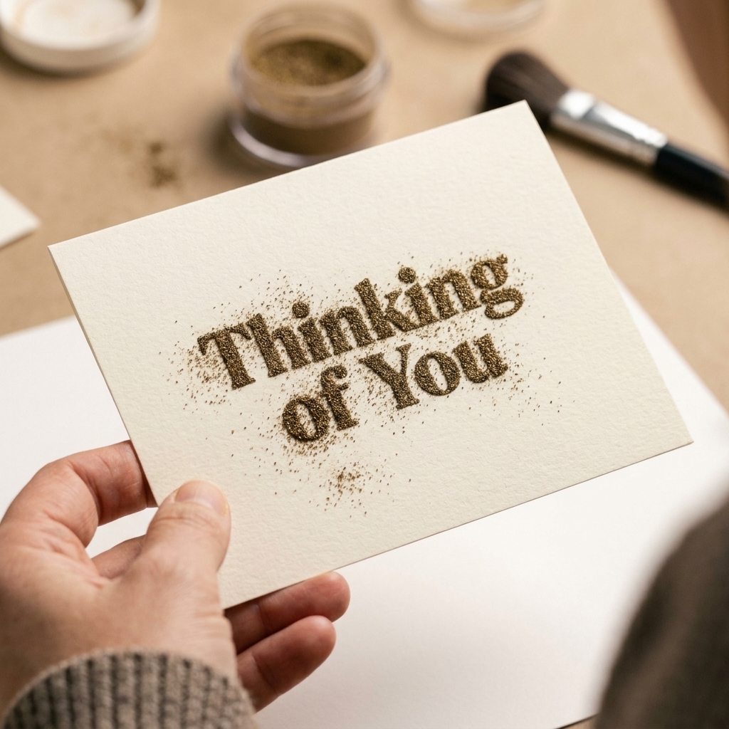 A close-up photo of a stamped sentiment covered in embossing powder on cardstock just before heating