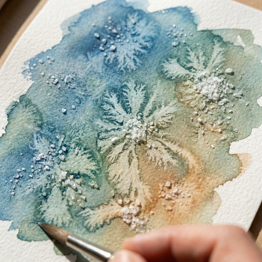 A close-up photo of a watercolor wash on paper with visible salt texture blooms creating star-like patterns