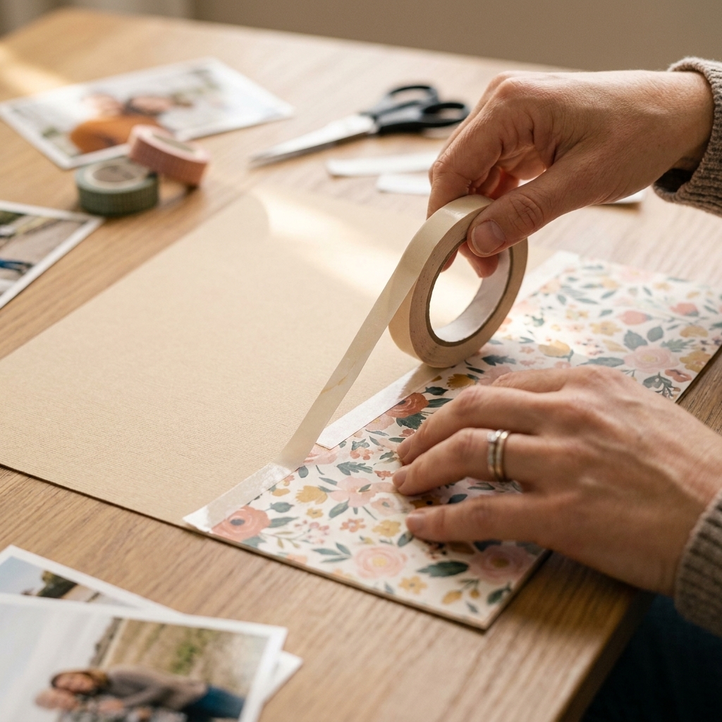 A close-up photo of hands applying a strip of double-sided tape along the edge of patterned paper on a scrapbook page