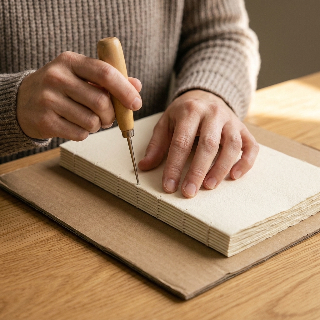 A close-up photo of hands using an awl to pierce stitching holes along the folded spine of a paper journal, with cardboard underneath