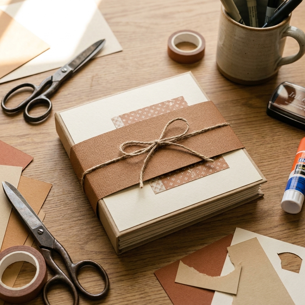 A closed mini scrapbook album wrapped with a snug cardstock belly band, sitting on a crafting table