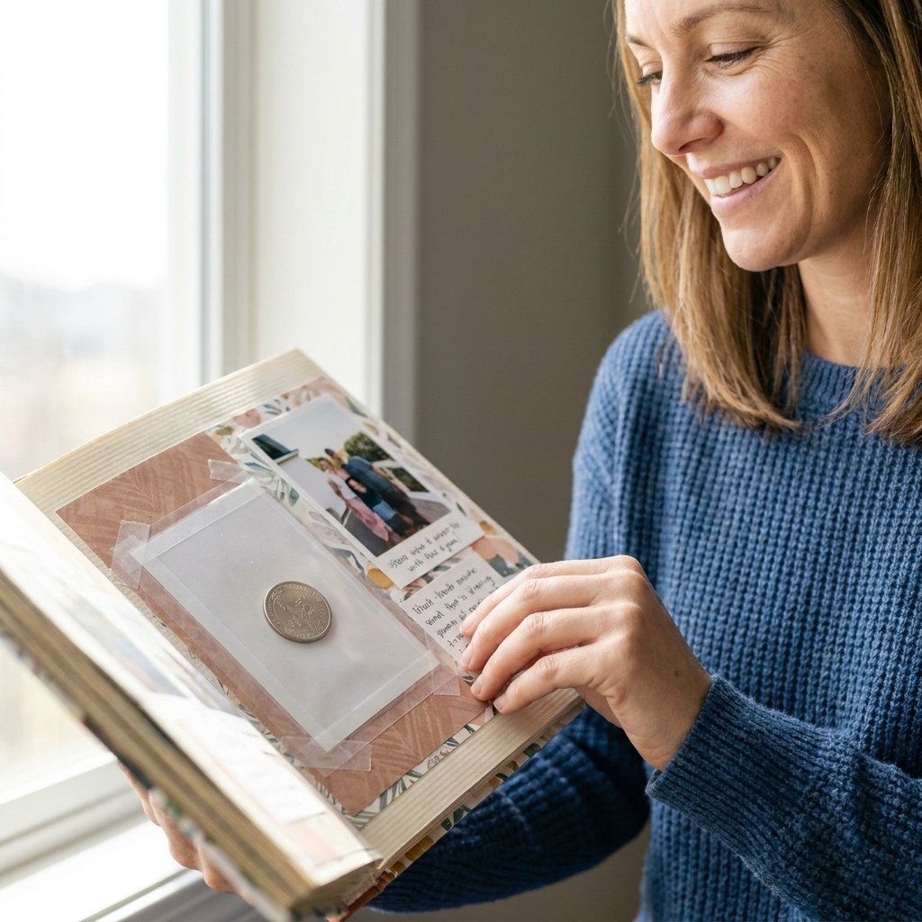 A coin tucked into a clear acetate sleeve adhered to a scrapbook page, with the sleeve edges taped down neatly