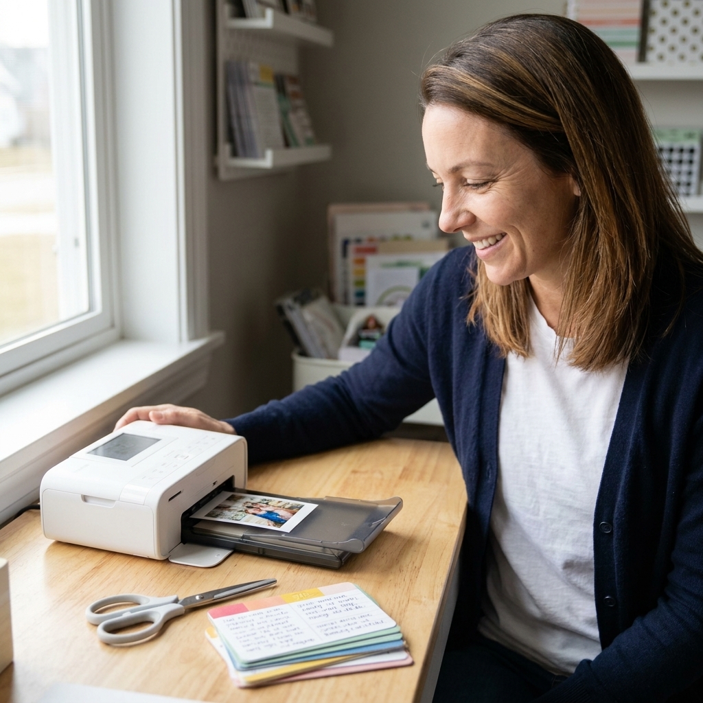 A compact photo printer on a crafting desk printing small photos while scissors and journaling cards sit nearby