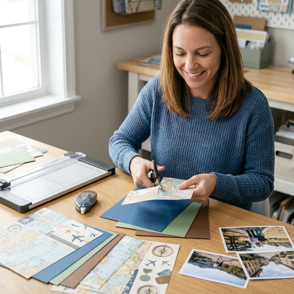 A coordinated travel-themed paper collection and cardstock solids spread out on a craft table with scissors, adhesive, and a trimmer