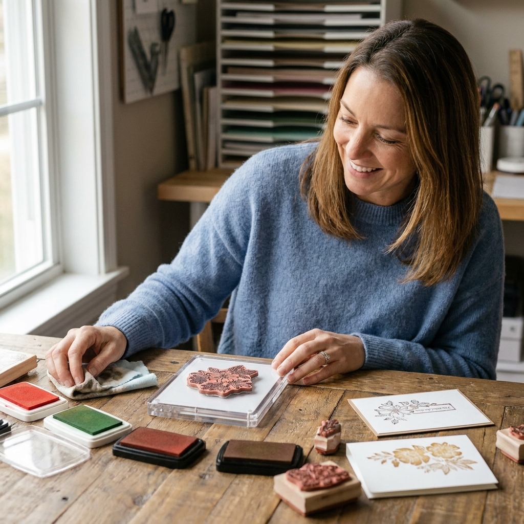 A cozy cardmaking workspace with ink pads, a stamping platform, a stamp cleaning cloth, and a few rubber stamps laid out neatly on a wooden table