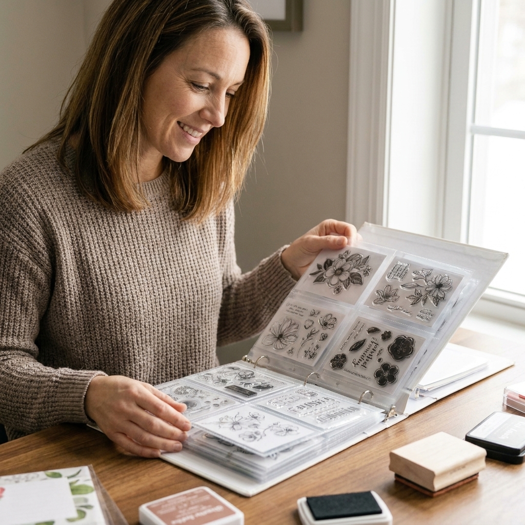 A craft binder opened to clear stamp storage pockets on a desk, with stamp sets stored flat and visible through the sleeves