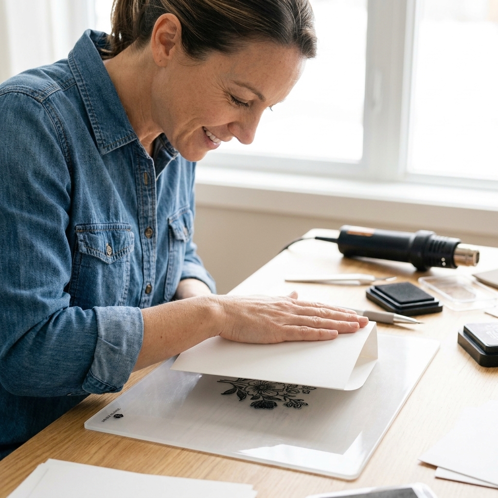 A crafter pressing a piece of white cardstock onto a stamped image on a silicone mat to create a reversed impression