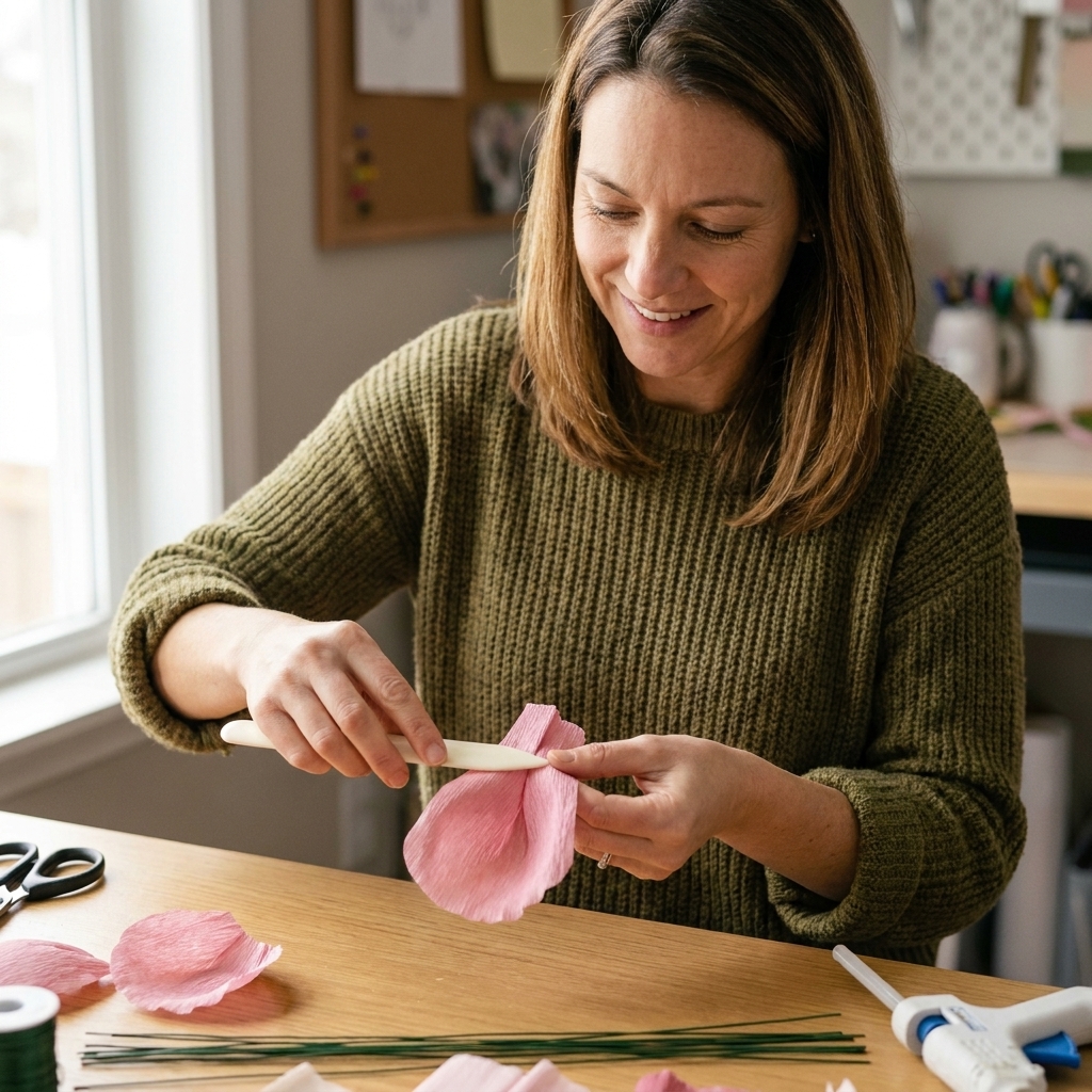 A crafter shaping a crepe paper petal by stretching the center into a cup and curling the top edge with a bone folder