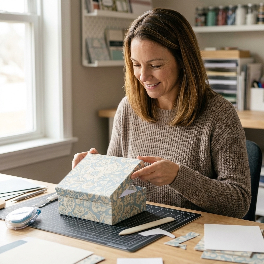 A crafter sliding a finished cardstock lid onto a matching box base on a crafting table