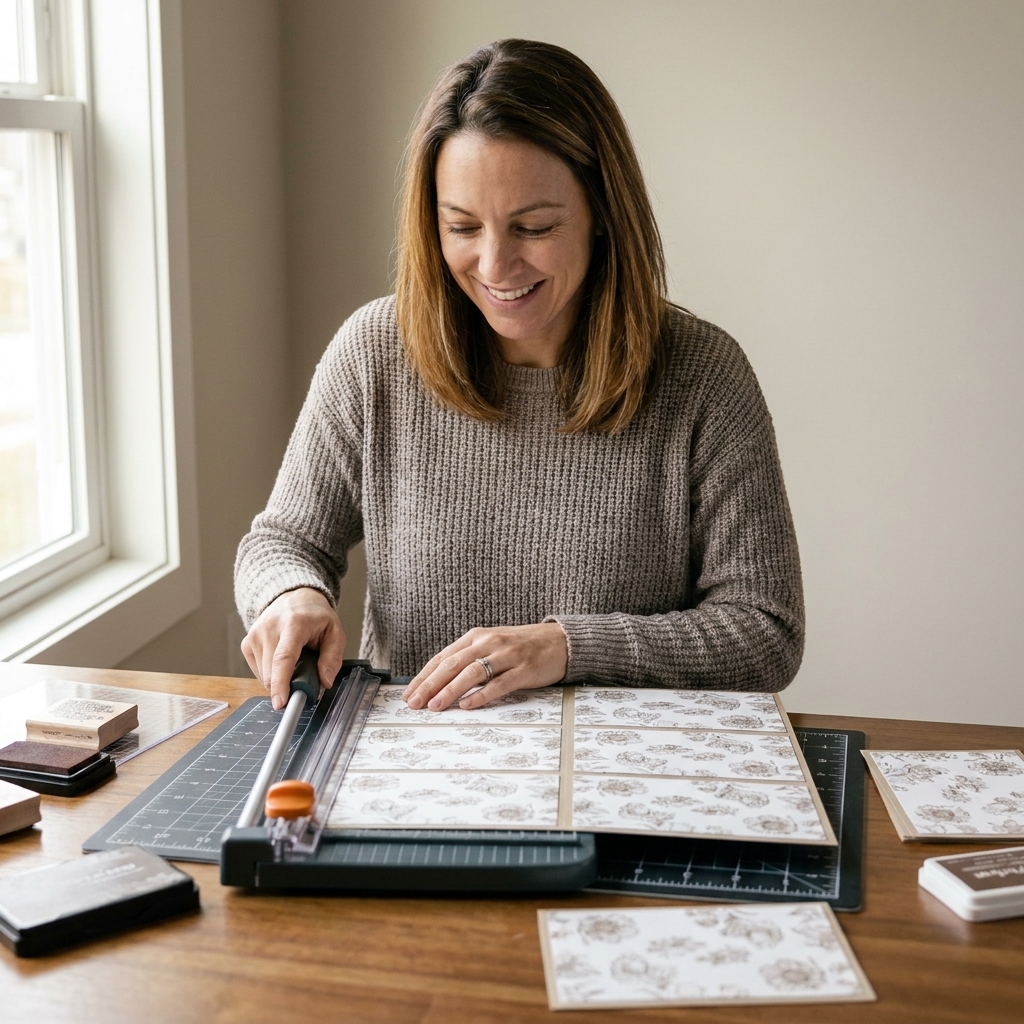 A crafter trimming a sheet of cardstock covered in repeated background stamping into smaller card front panels