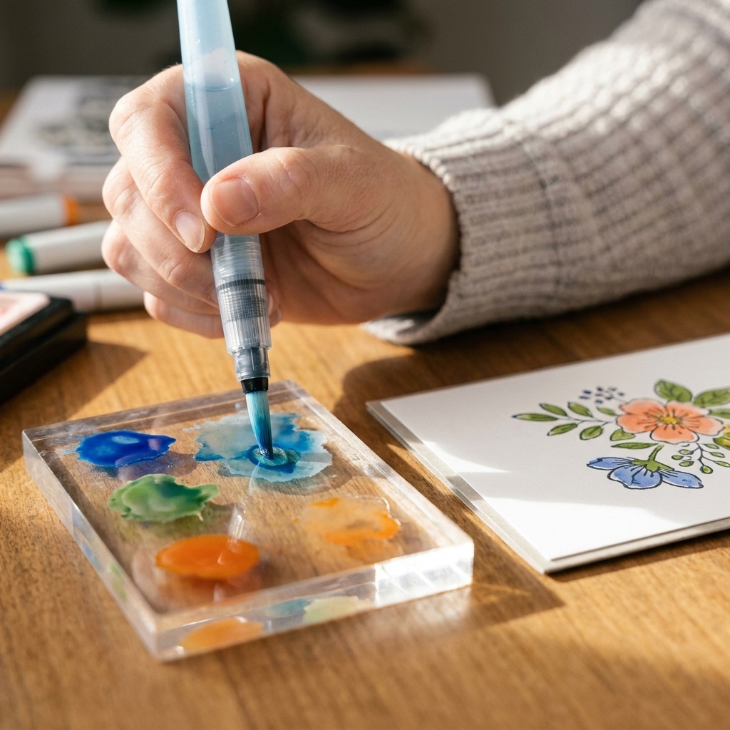 A crafter's hand picking up marker ink from a clear acrylic block using a water brush, with a card panel nearby