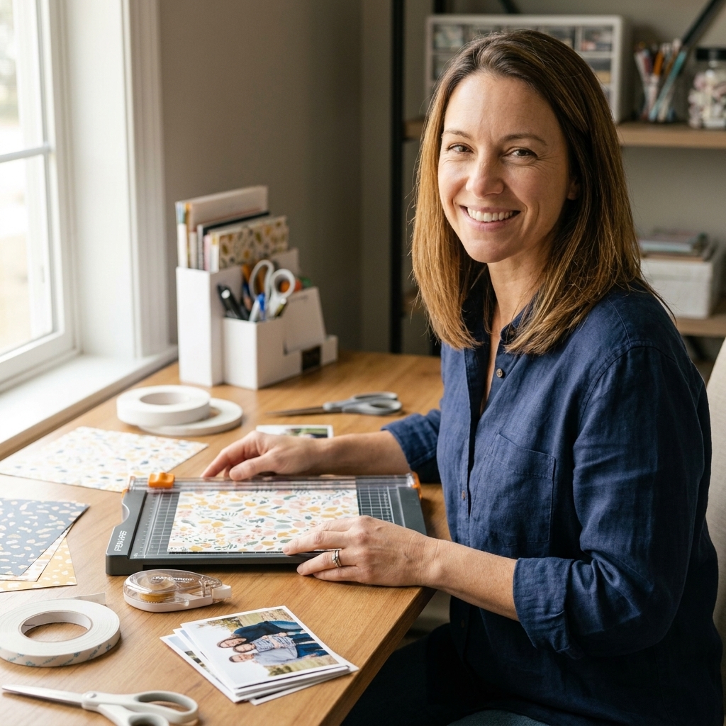 A crafting workspace with a paper trimmer, patterned paper, adhesive runner, foam tape, scissors, and a small pile of printed photos