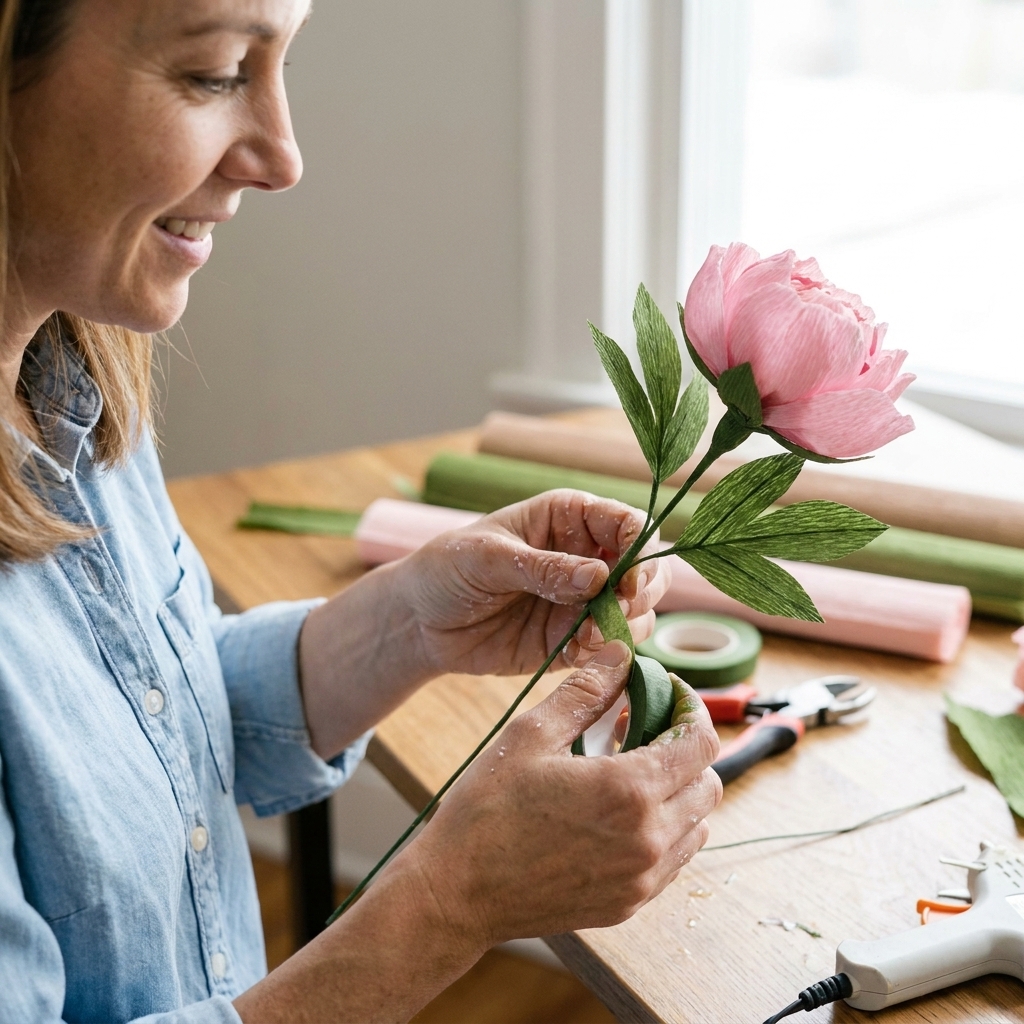 A crepe paper peony stem being wrapped with floral tape while a green crepe paper leaf is attached below the bloom