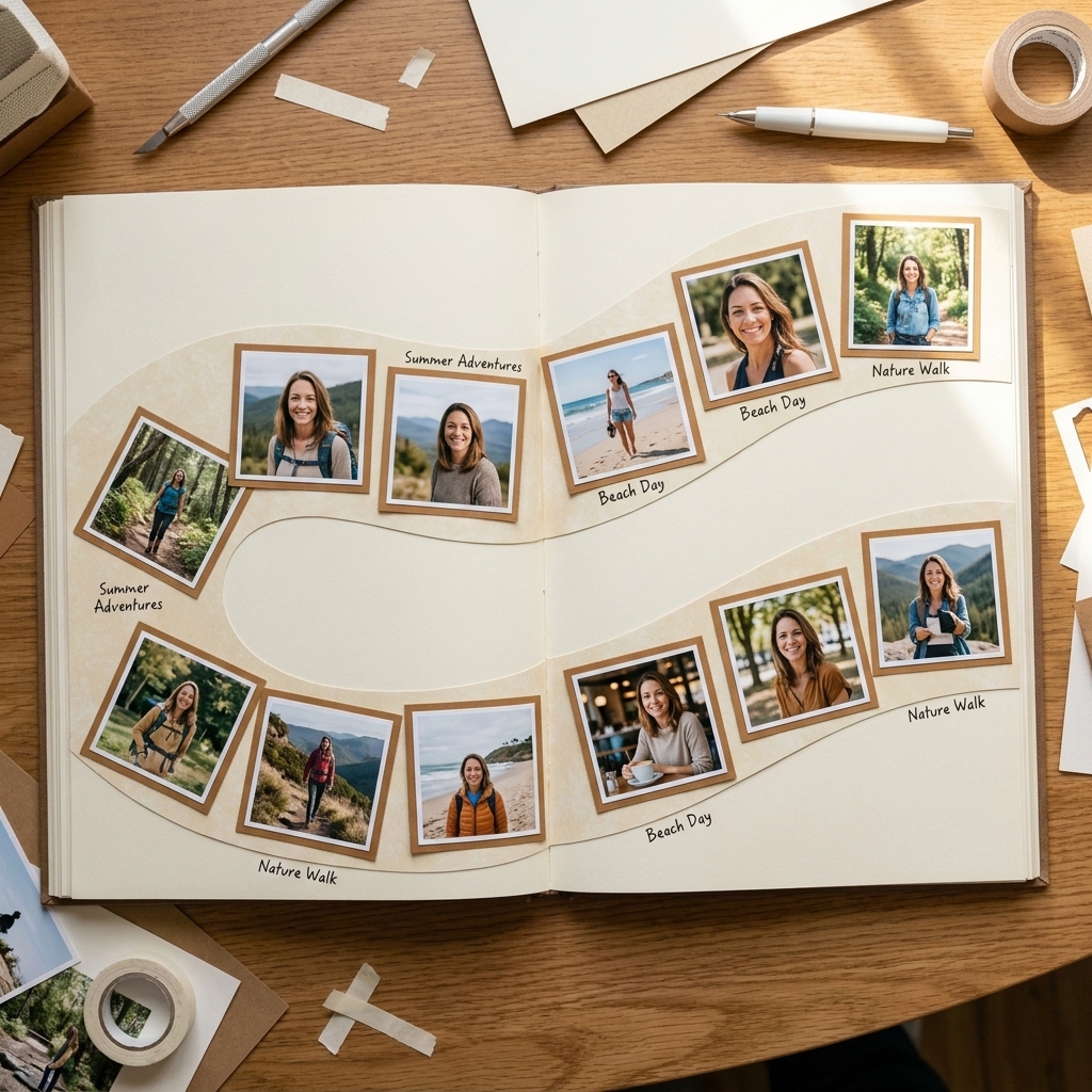 A double-page scrapbook spread on a desk with multiple photos arranged in a flowing line across both pages, showing consistent spacing and shared color mats
