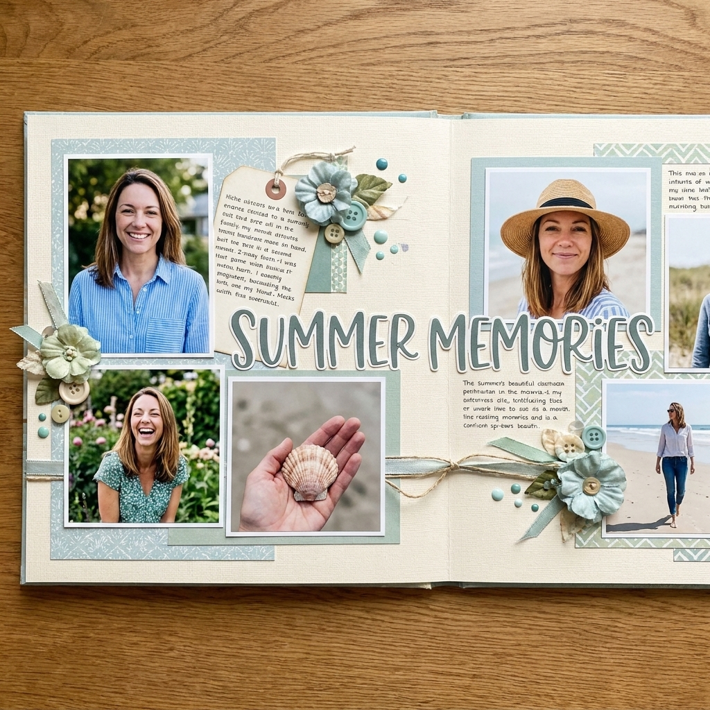 A finished double-page scrapbook spread on a table with coordinated colors, a title, journaling, and embellishment clusters that visually connect across the center