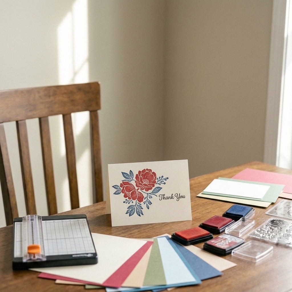 A finished handmade card resting on a bright craft desk beside stamps, ink pads, cardstock, and a paper trimmer