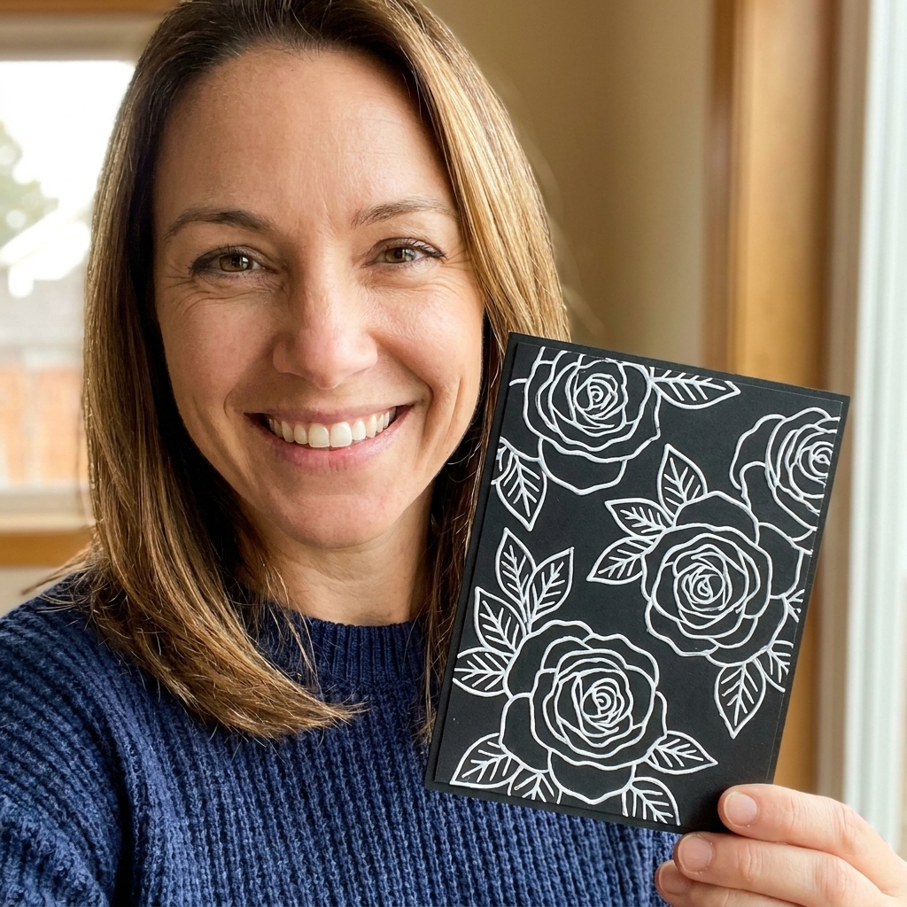A finished handmade card with bright white heat embossed floral outlines on deep black cardstock