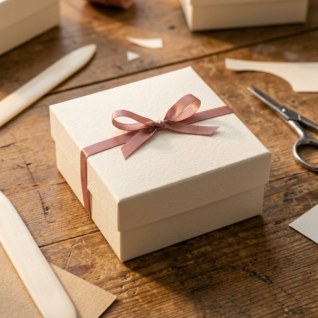 A finished handmade cardstock gift box tied with a thin satin ribbon sitting on a wooden craft table