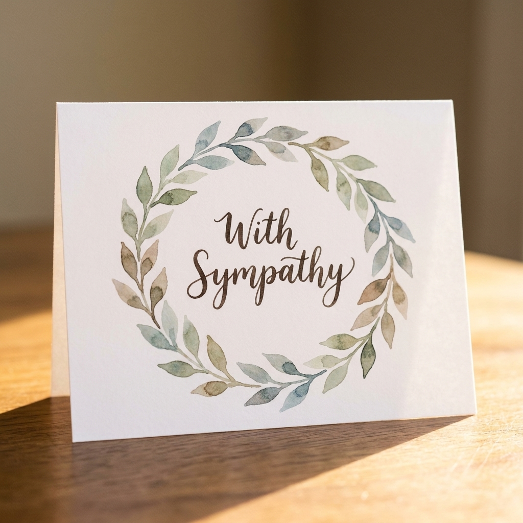 A finished handmade greeting card featuring a soft watercolor leaf wreath framing a simple sentiment on a white card base