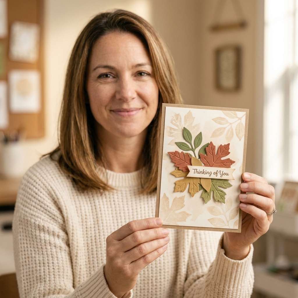 A finished handmade greeting card featuring a soft, faded bleach-stamped background panel behind layered die-cut leaves and a simple sentiment
