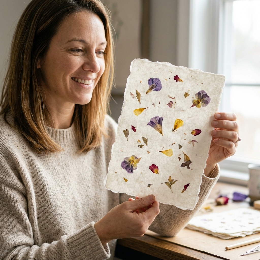 A finished handmade paper sheet with visible embedded dried flower petals and soft deckled edges