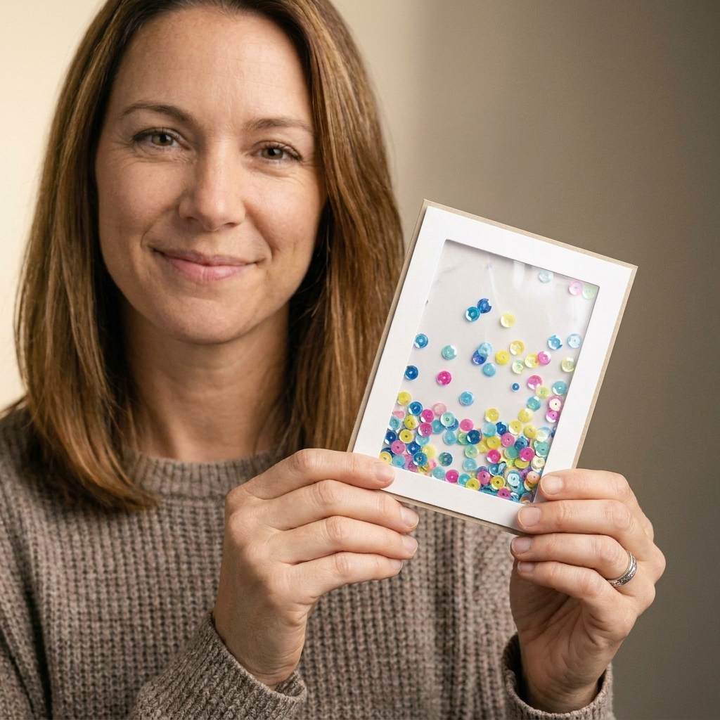 A finished handmade shaker card held in two hands, with colorful sequins moving behind a clear acetate window