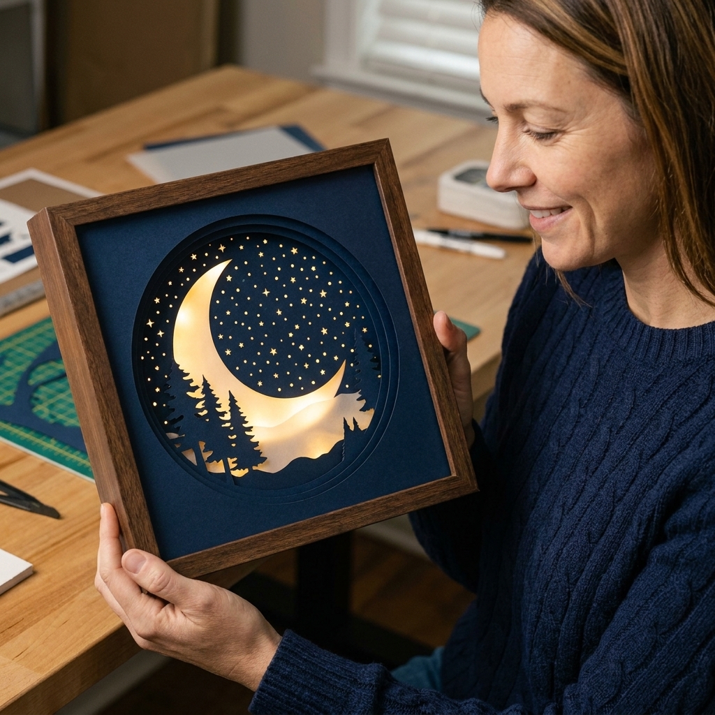 A finished layered paper shadow box featuring a crescent moon and starry night sky, with several dark blue layers and soft warm LED backlighting glowing through vellum
