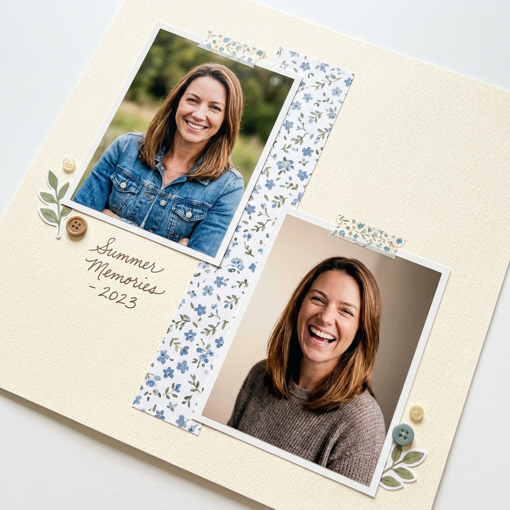 A finished scrapbook page with two photos placed on a gentle diagonal and a patterned paper strip connecting them