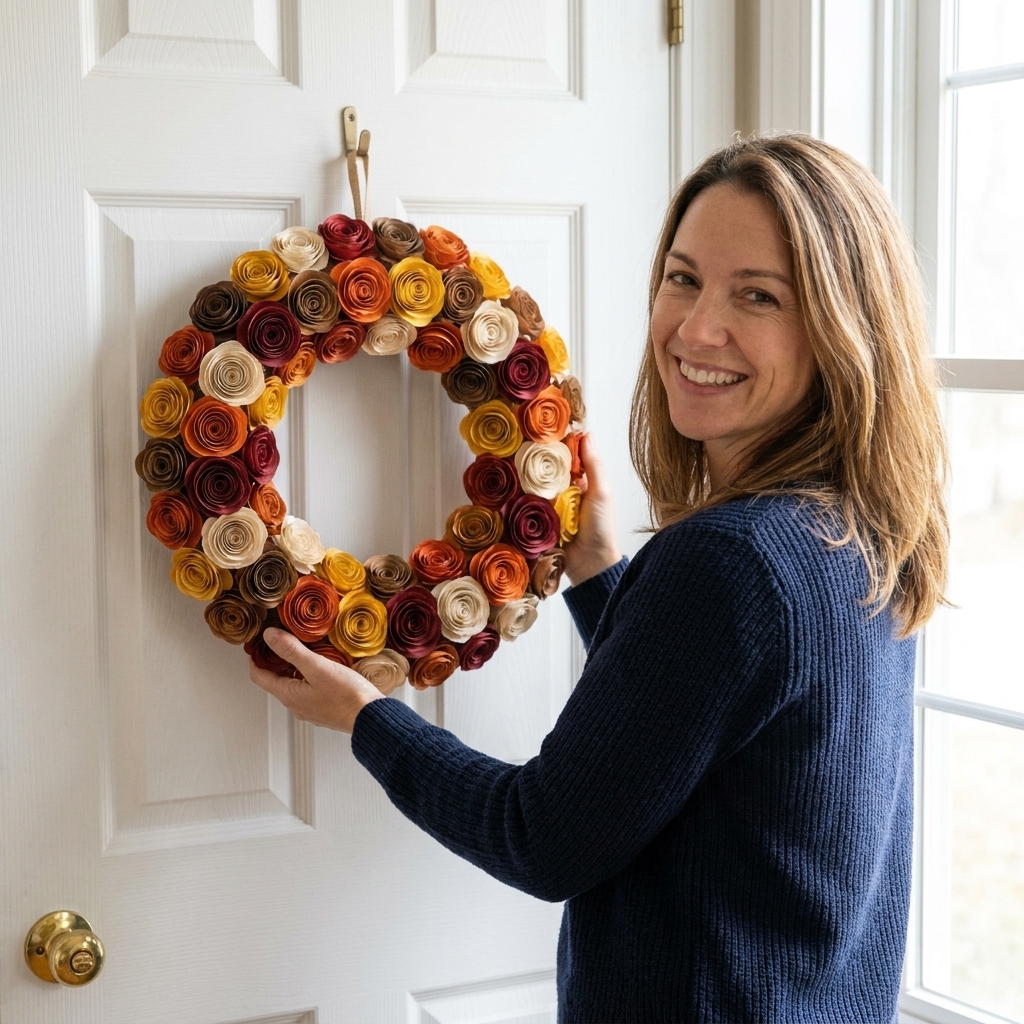 A finished wreath covered in rolled spiral paper roses in mixed seasonal colors hanging on a white door